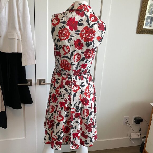 Jil Sander NAVY Designer Fit & Flare Pleated Floral Shirt Dress Ecru Red Sz 34 - Picture 8 of 15